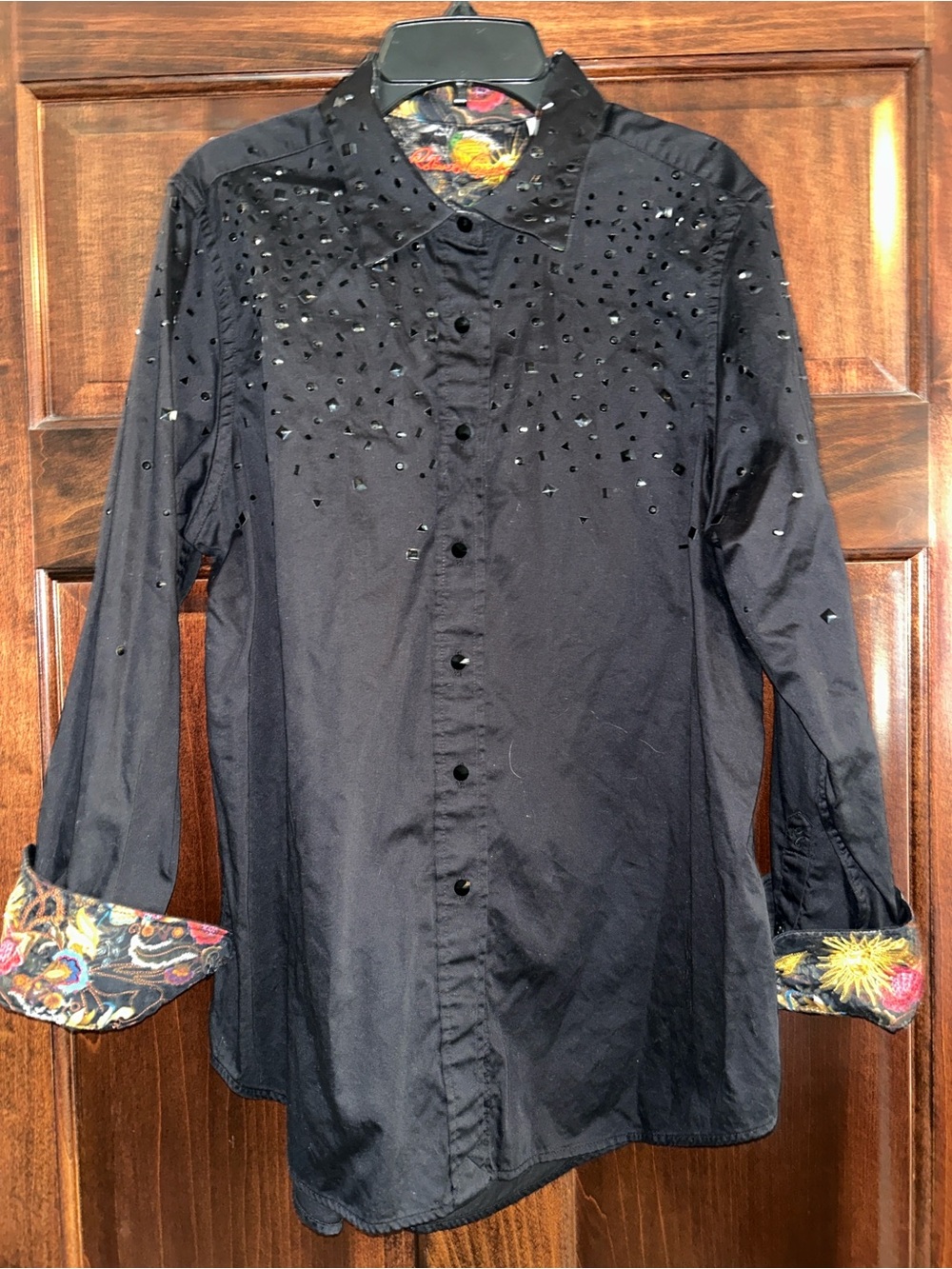 Robert Graham Black Embellished Button-Up Shirt w Embroidered Cuffs & Collar